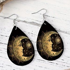 Celestial Cresent Moon & Stars Magical PU Leather Teardrop Hook Earrings NEW